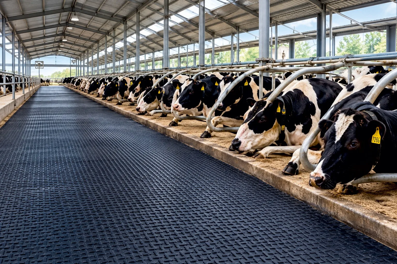 Holstein cows at the feed barrier of a dairy shed with rubber matting underfoot